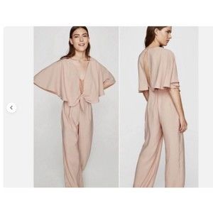 Zara Jumpsuit Women’s size L cocktail Pink Blush Pants Wide Leg Cap sleeve lace